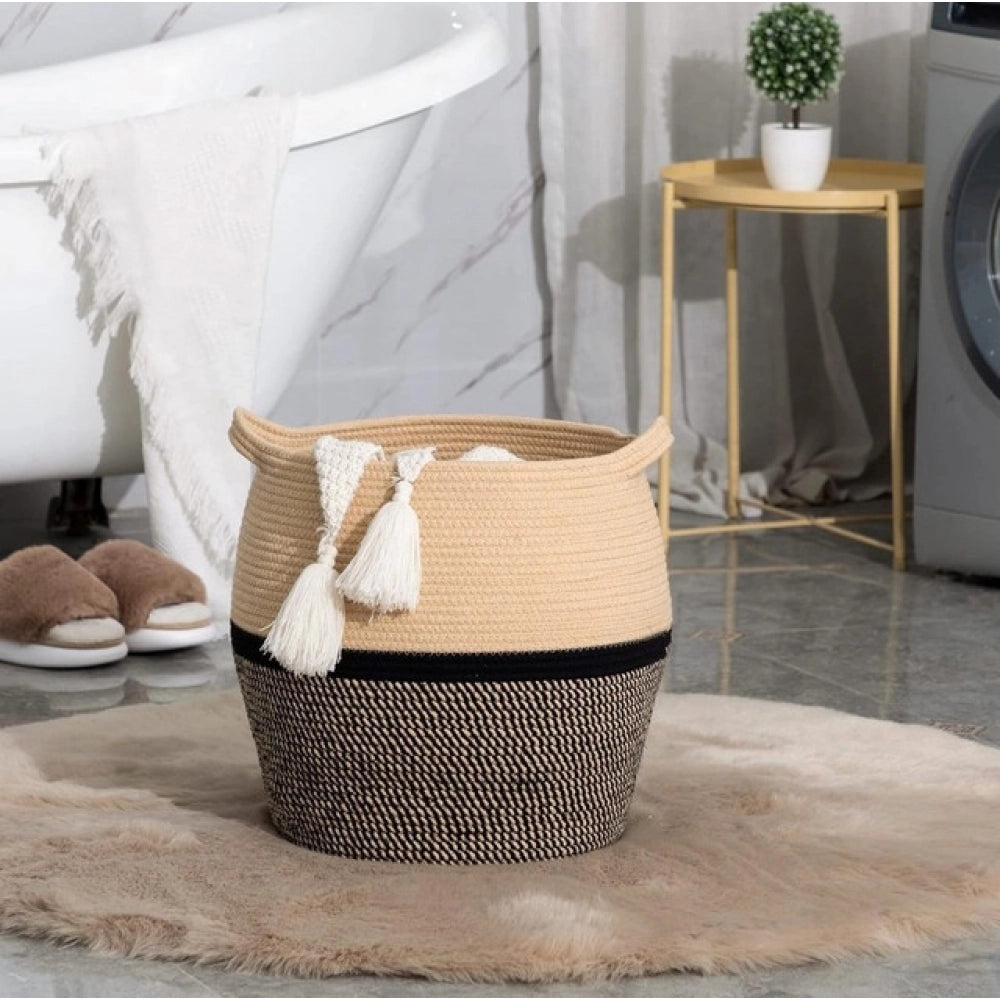 Cotton Matka 14X12 Inch Storage Basket For Clothes — Beige-Black