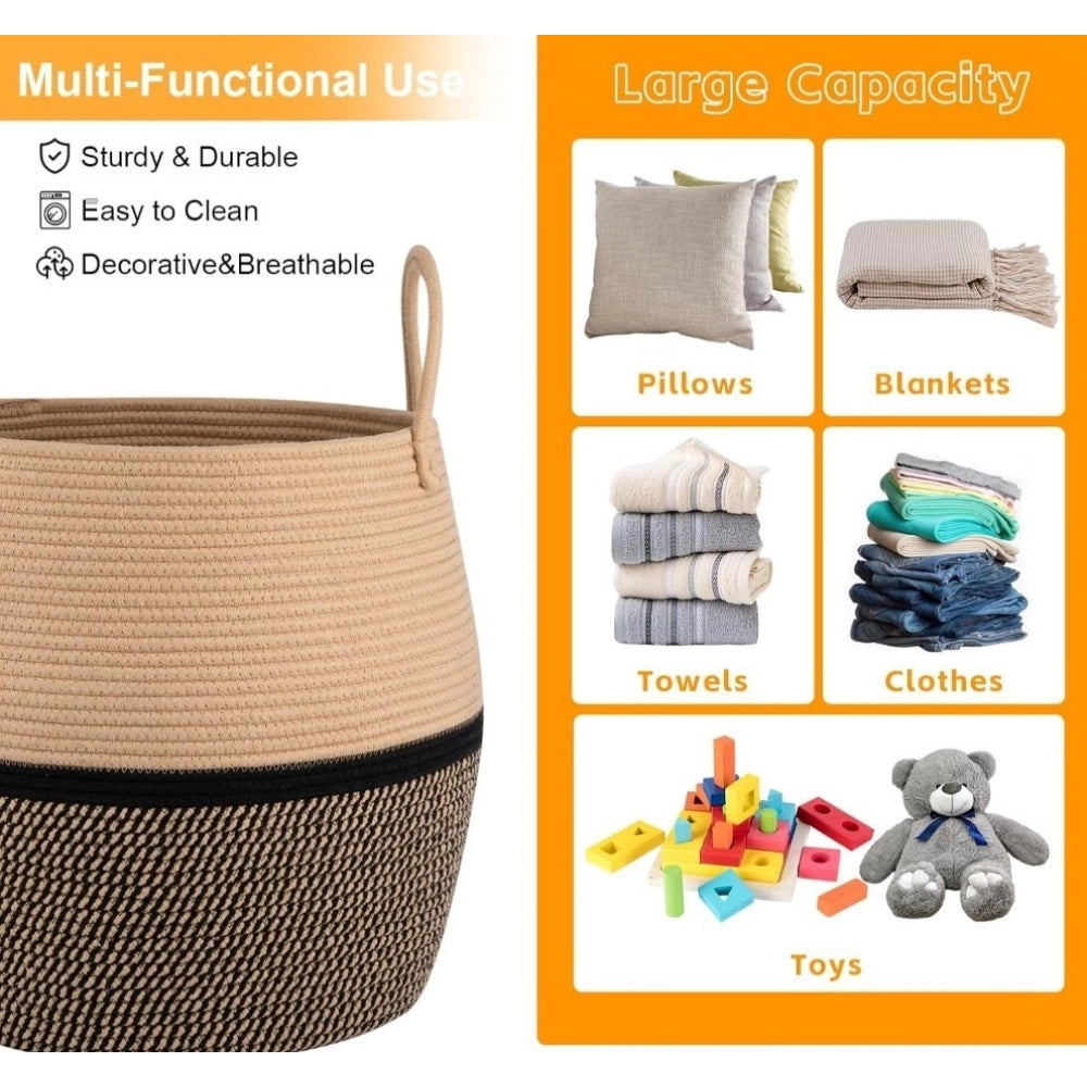 Cotton Matka With Handle 14X12 Inch Storage Basket For — Beige-Black