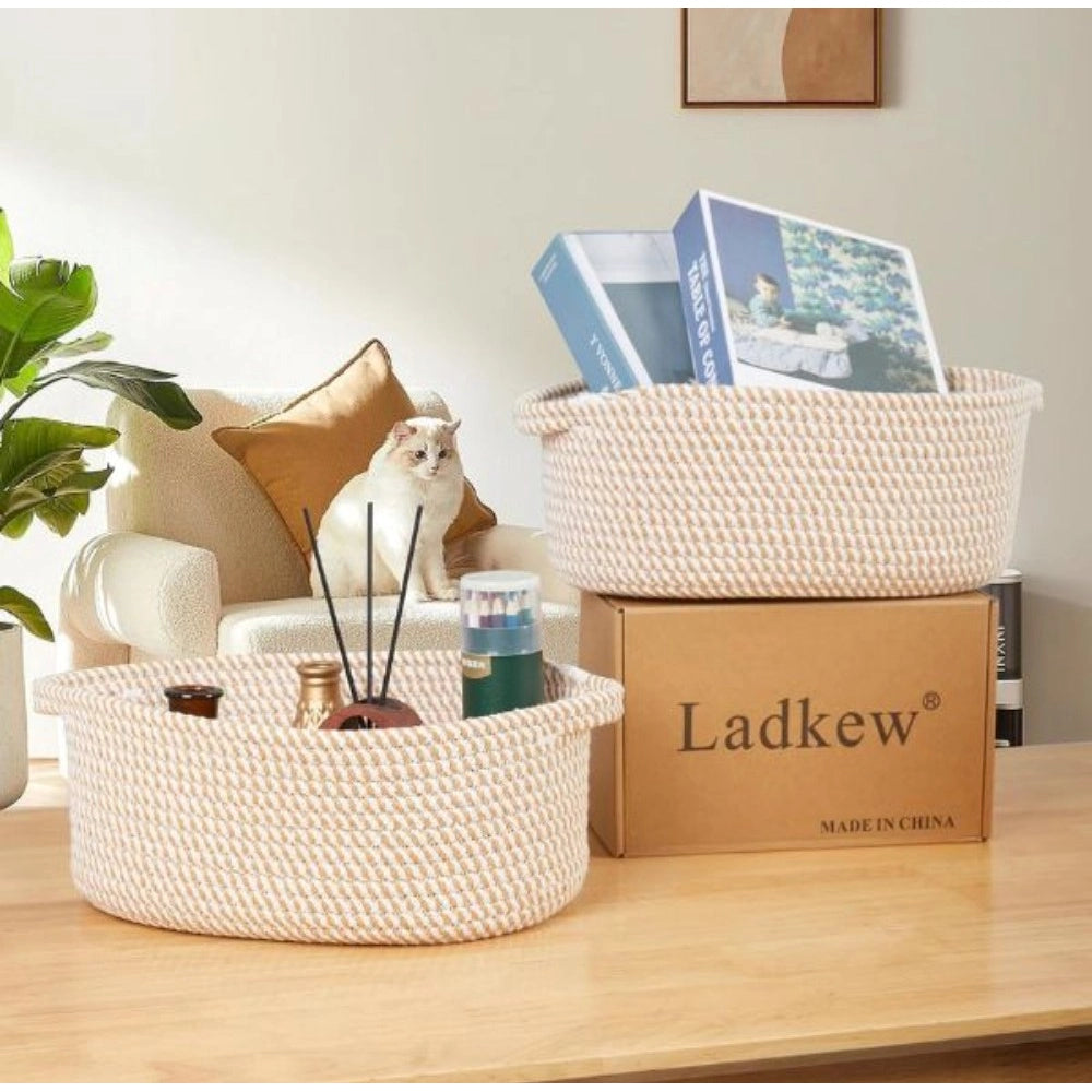 Cotton 2 Pcs 10X7X4 Inch Oval Storage Basket For — Beige · 2119