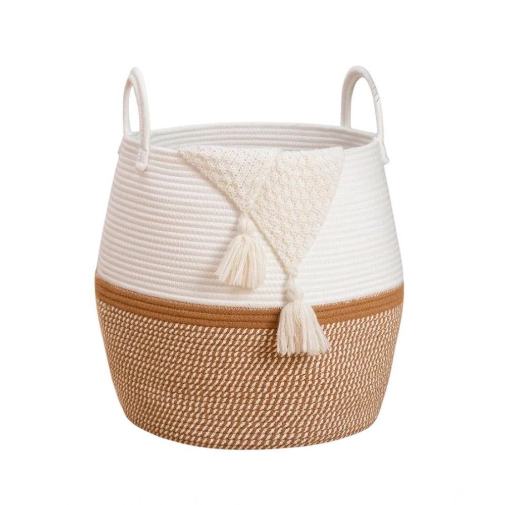 Cotton Matka With Handle 14X12 Inch Storage Basket For — Beige-White