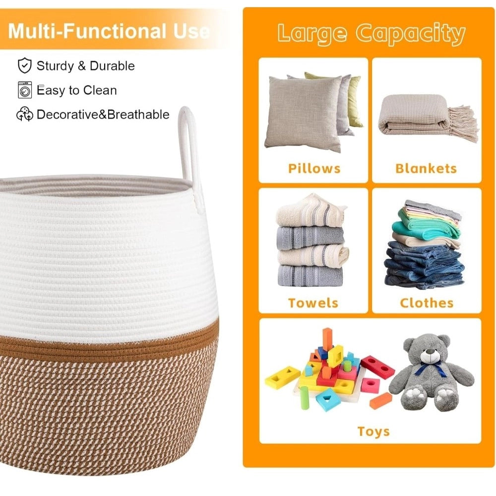 Cotton Matka With Handle 14X12 Inch Storage Basket For — Beige-White