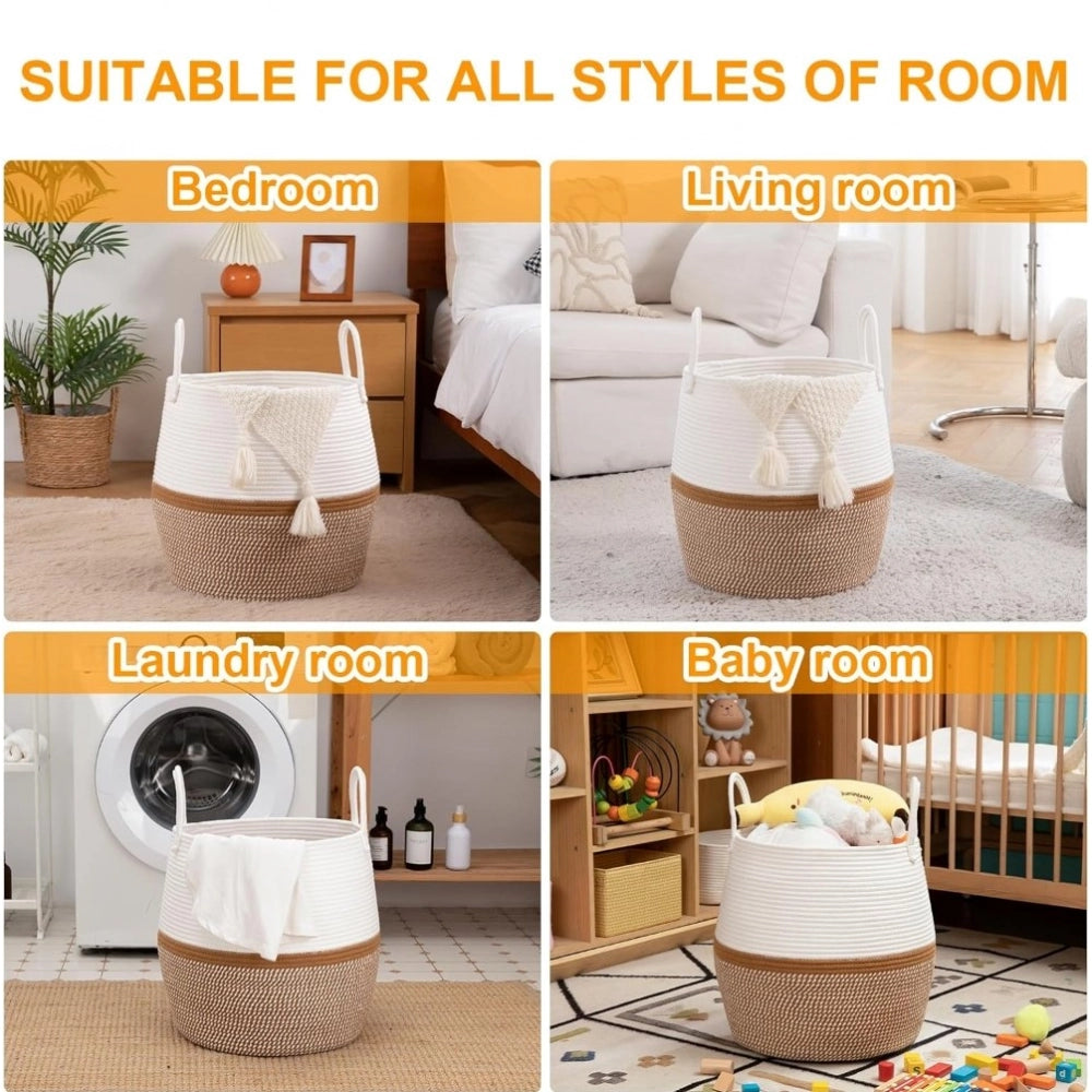 Cotton Matka With Handle 14X12 Inch Storage Basket For — Beige-White