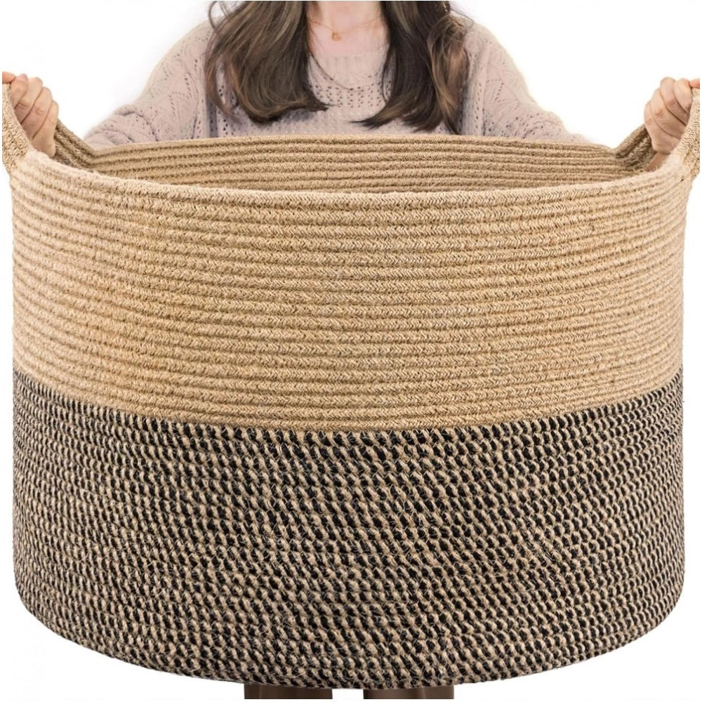 Cotton Pack Of_1 16X14 Inch Storage Basket For Clothes — Beige-Beige-Black