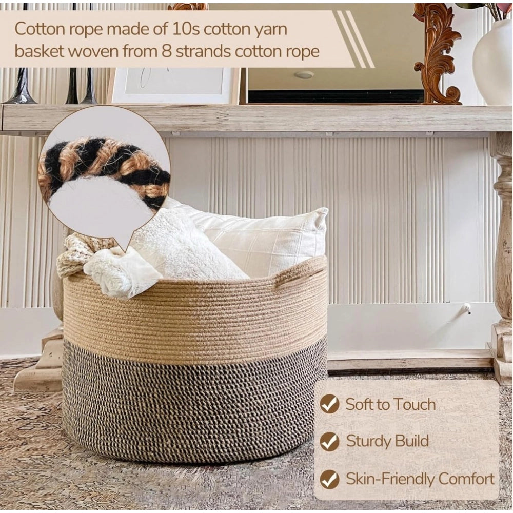 Cotton Pack Of_1 16X14 Inch Storage Basket For Clothes — Beige-Beige-Black