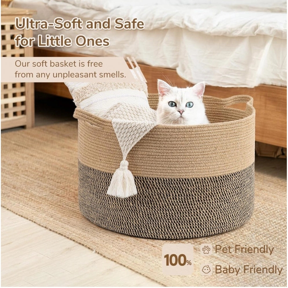 Cotton Pack Of_1 16X14 Inch Storage Basket For Clothes — Beige-Beige-Black