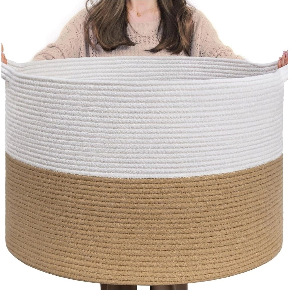 Cotton Pack Of_1 16X14 Inch Storage Basket For Clothes — Beige-White