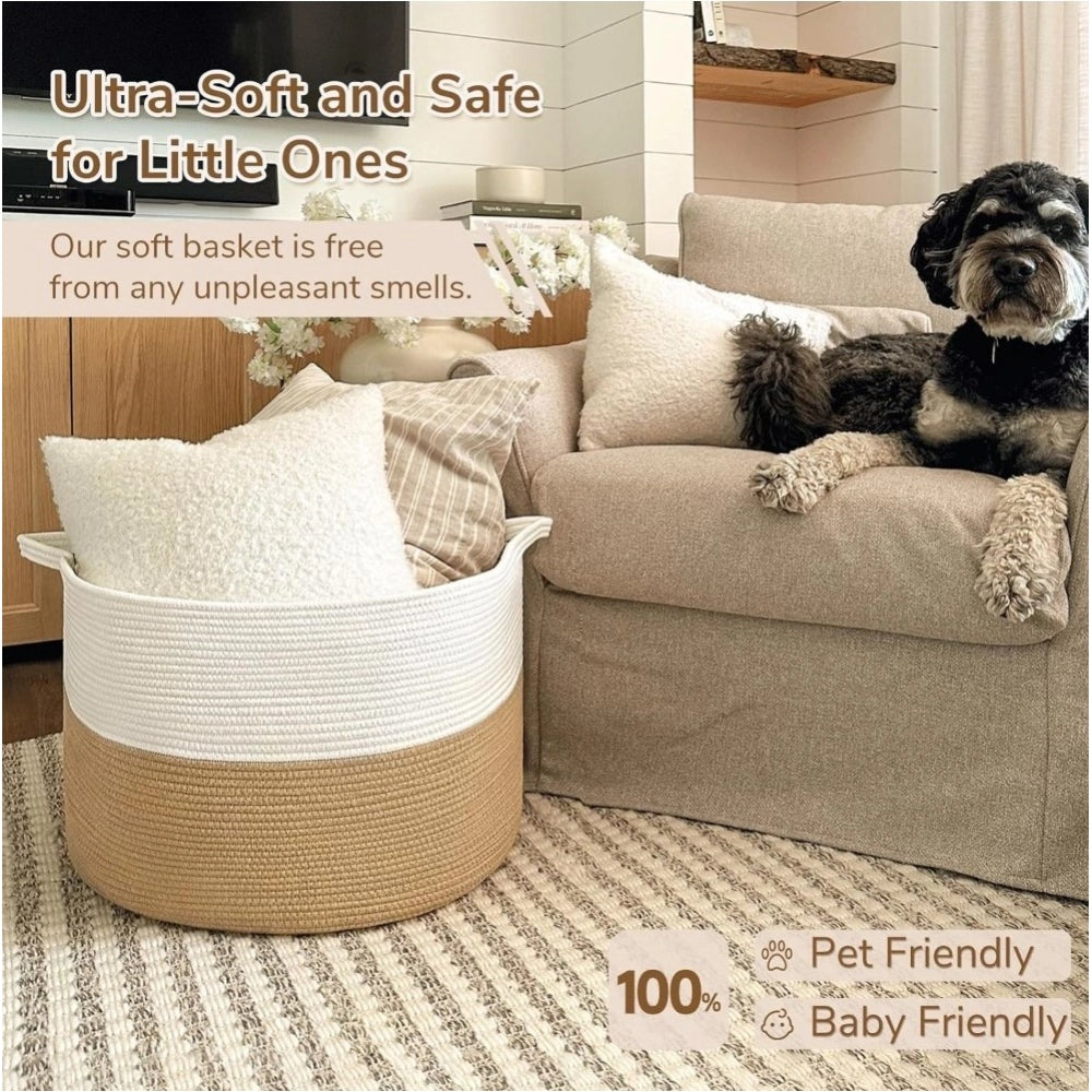 Cotton Pack Of_1 16X14 Inch Storage Basket For Clothes — Beige-White