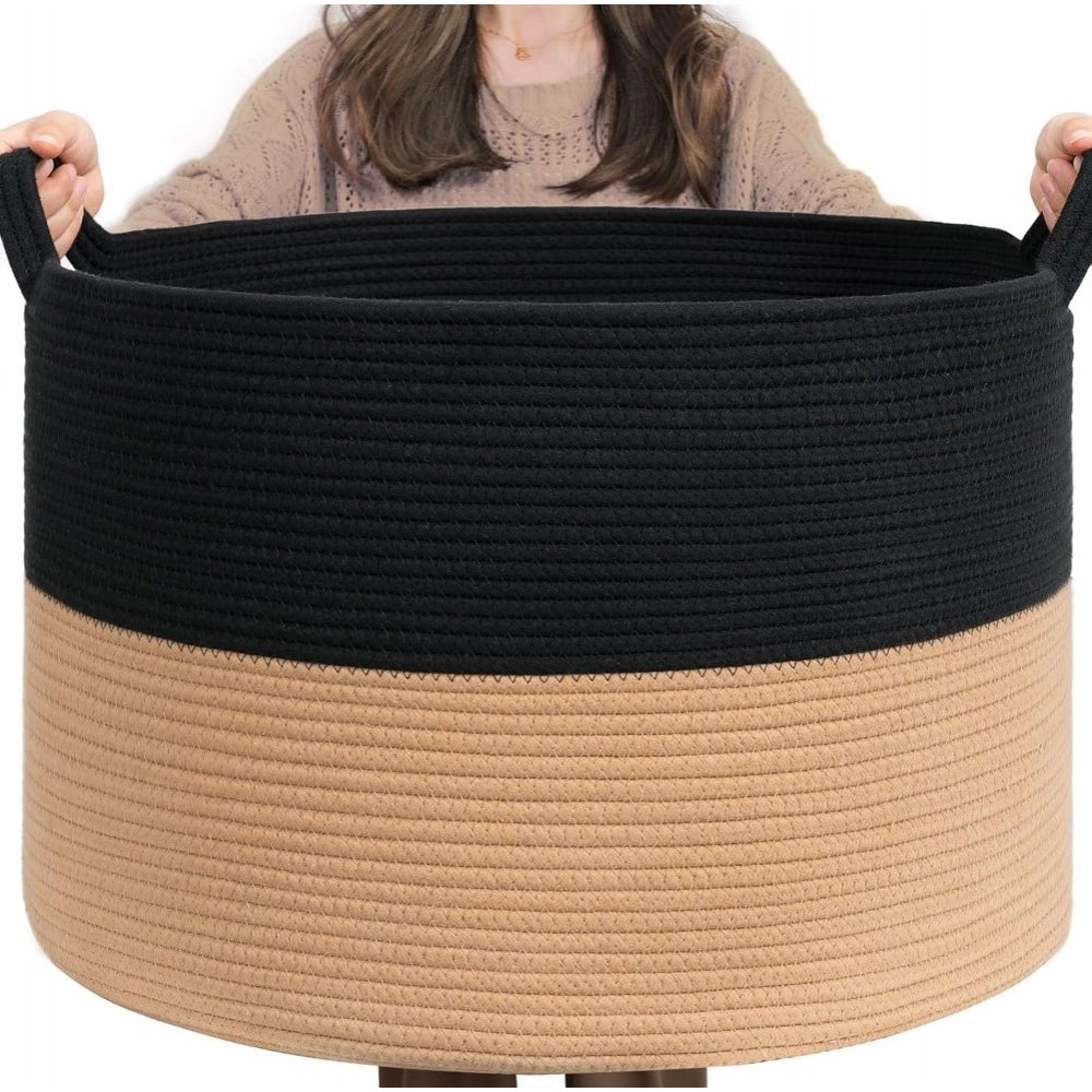 Cotton Pack Of_1 16X14 Inch Storage Basket For Clothes — Black-Beige