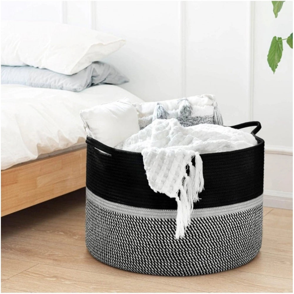 Cotton Dori 16X14 Inch Storage Basket For Clothes — Black-Black-White