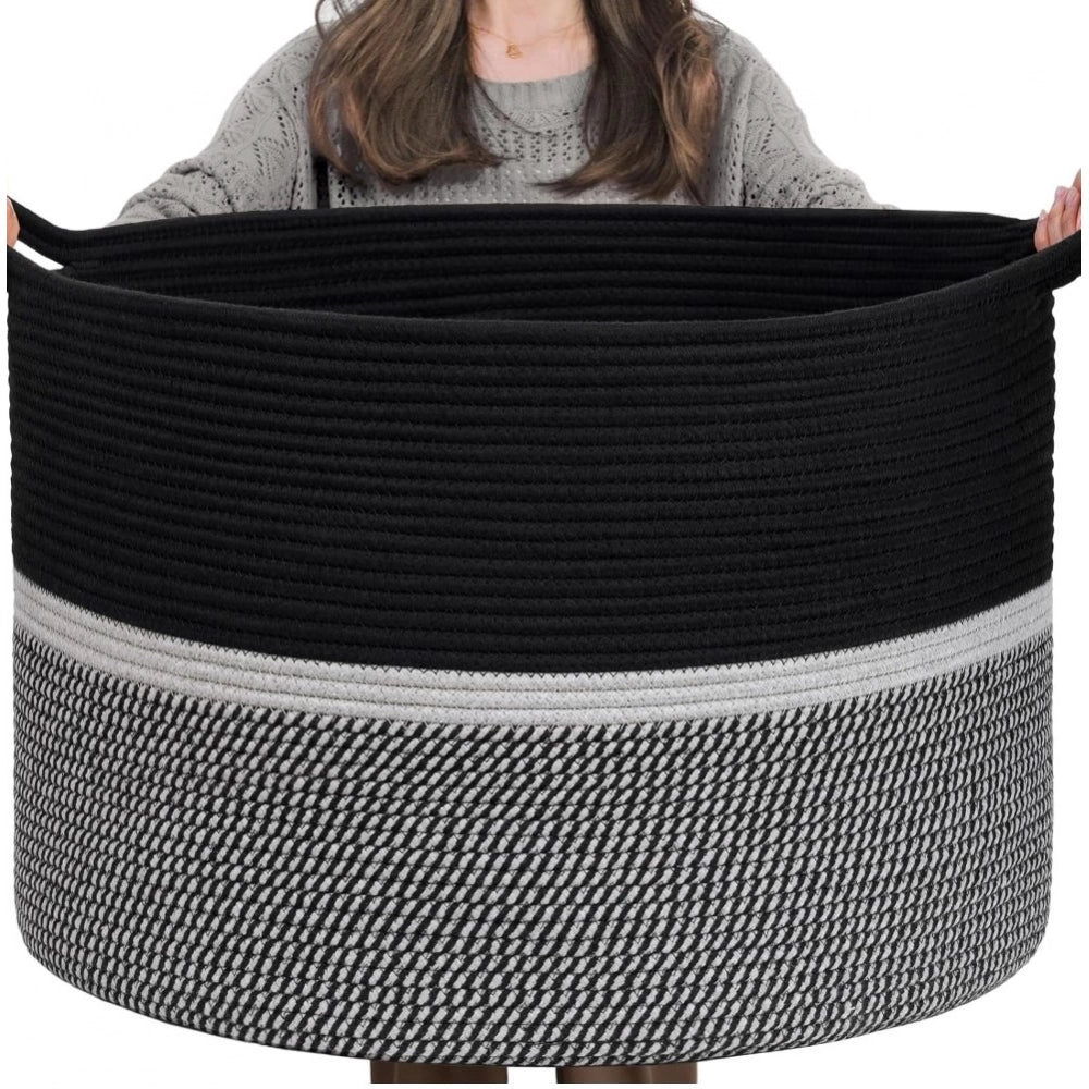 Cotton Dori 16X14 Inch Storage Basket For Clothes — Black-Black-White