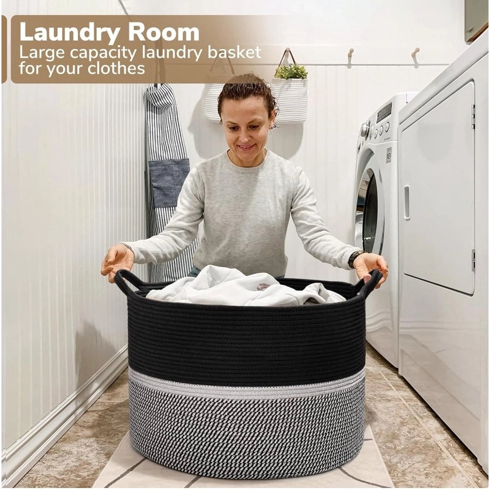 Cotton Dori 16X14 Inch Storage Basket For Clothes — Black-Black-White