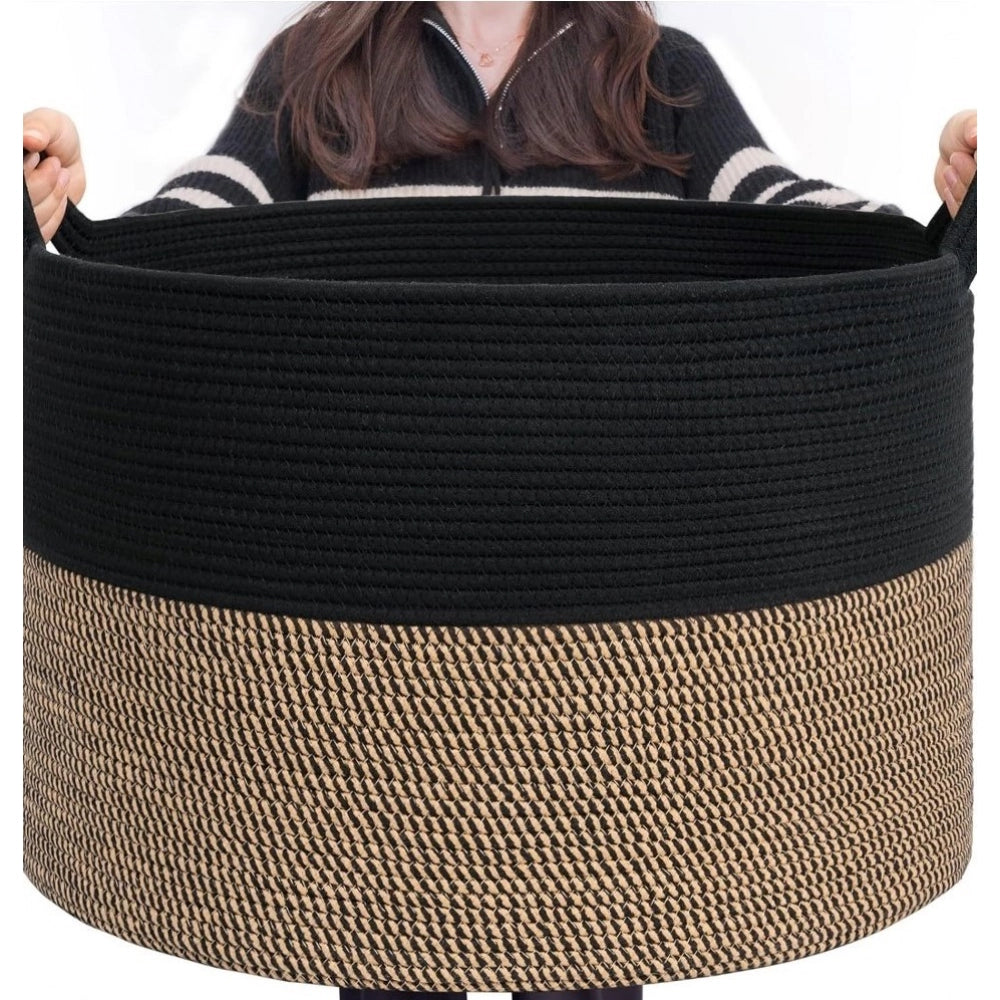 Cotton Pack Of_1 16X14 Inch Storage Basket For Clothes — Black-Beige-Black