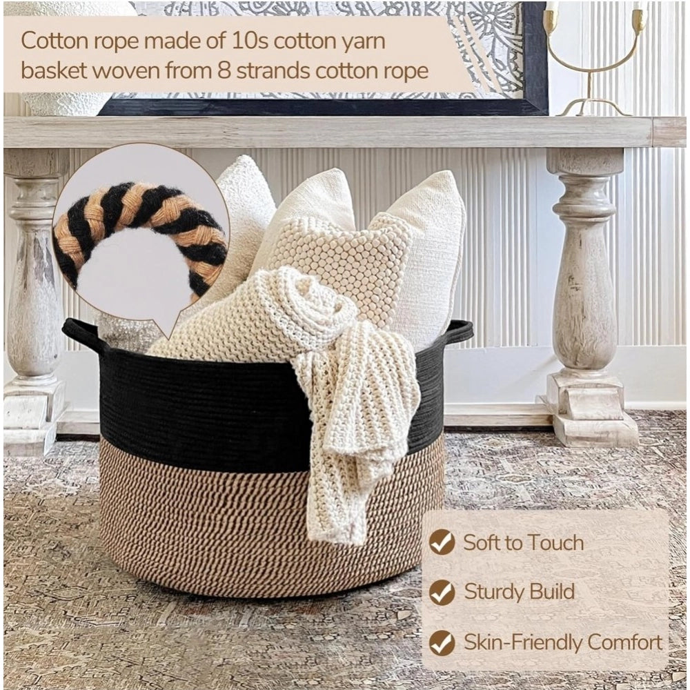 Cotton Pack Of_1 16X14 Inch Storage Basket For Clothes — Black-Beige-Black