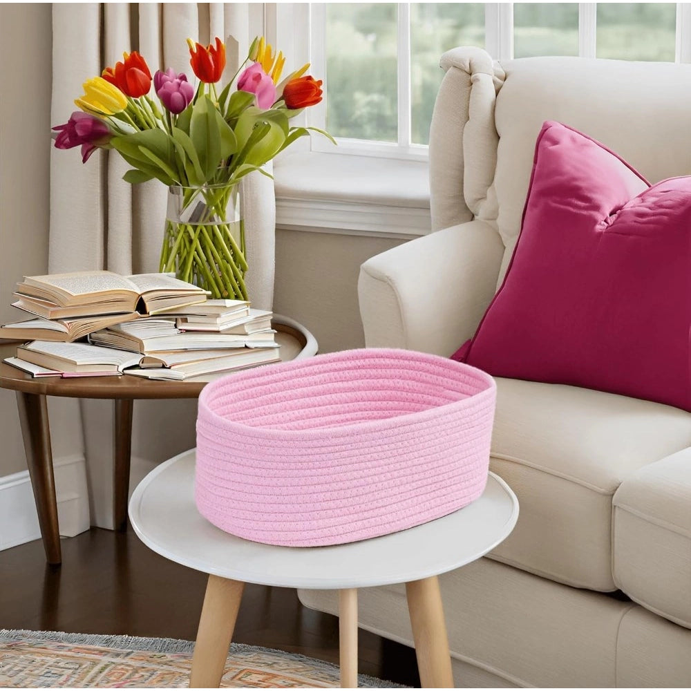 Cotton Oval 10X7X5 Inch Bedside Organizer — Pink