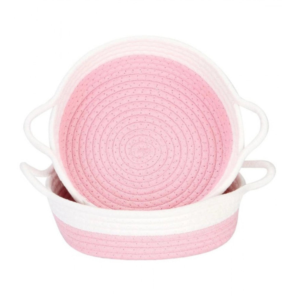 Cotton White Basket 2 Pcs Storage Basket For Clothes — Pink-White