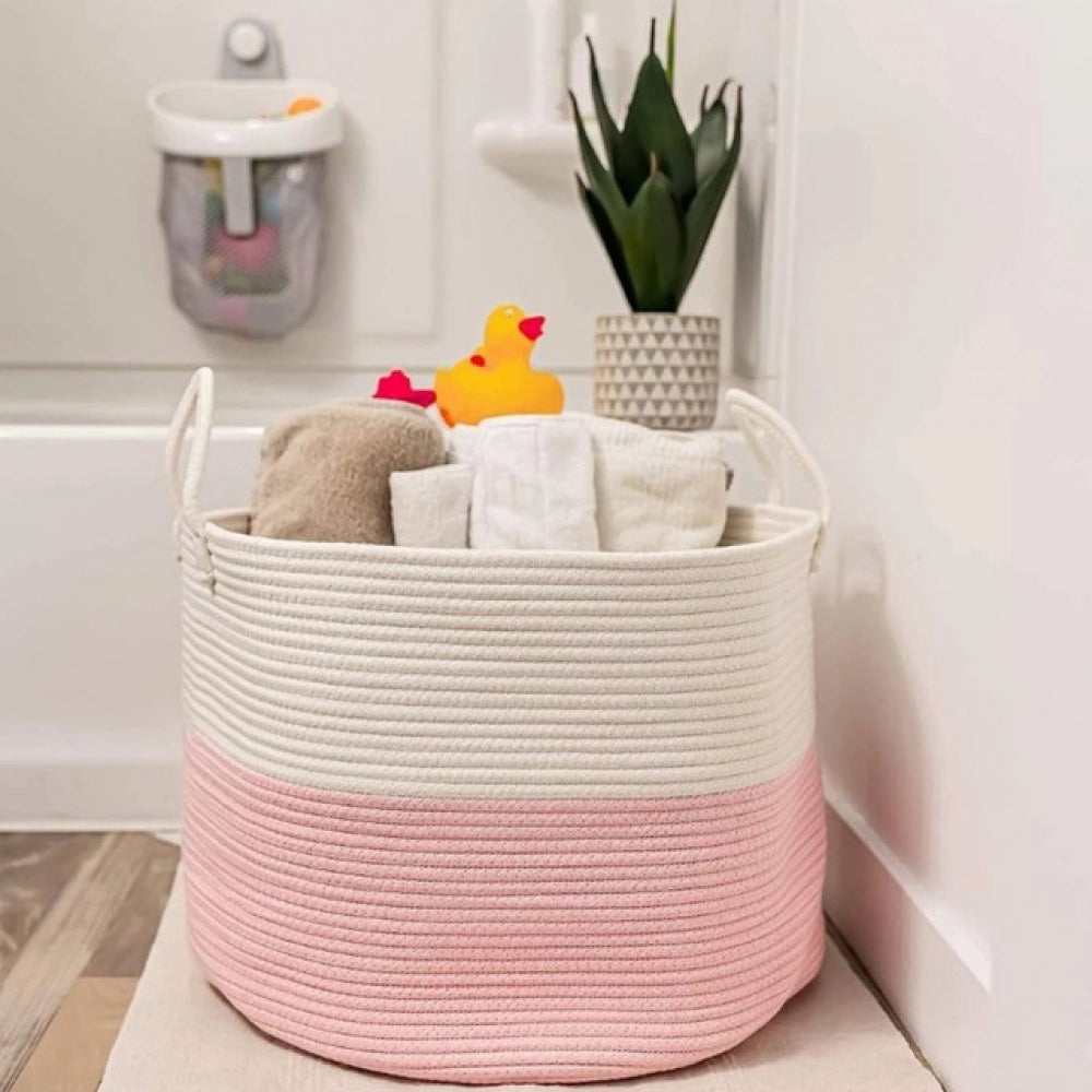 Cotton Pack Of_1 14X12 Inch Laundry Storage Basket For — Pink-White
