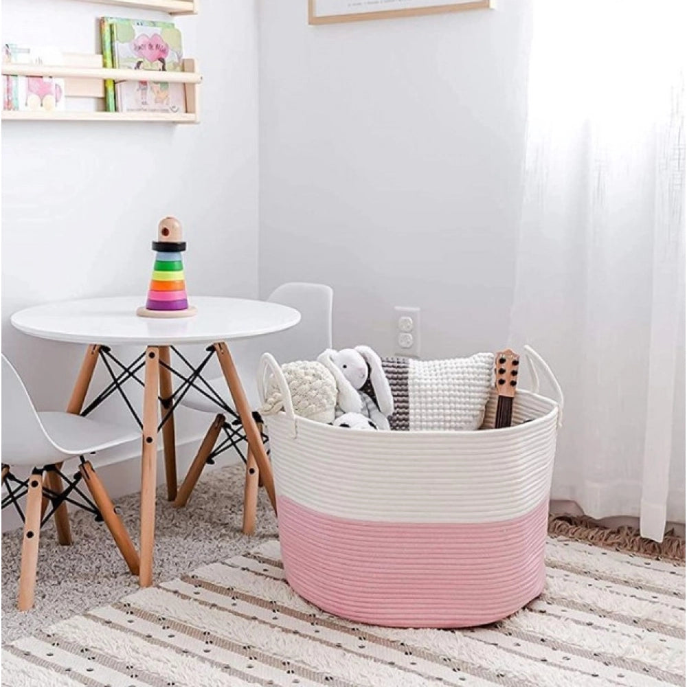 Cotton Pack Of_1 14X12 Inch Laundry Storage Basket For — Pink-White