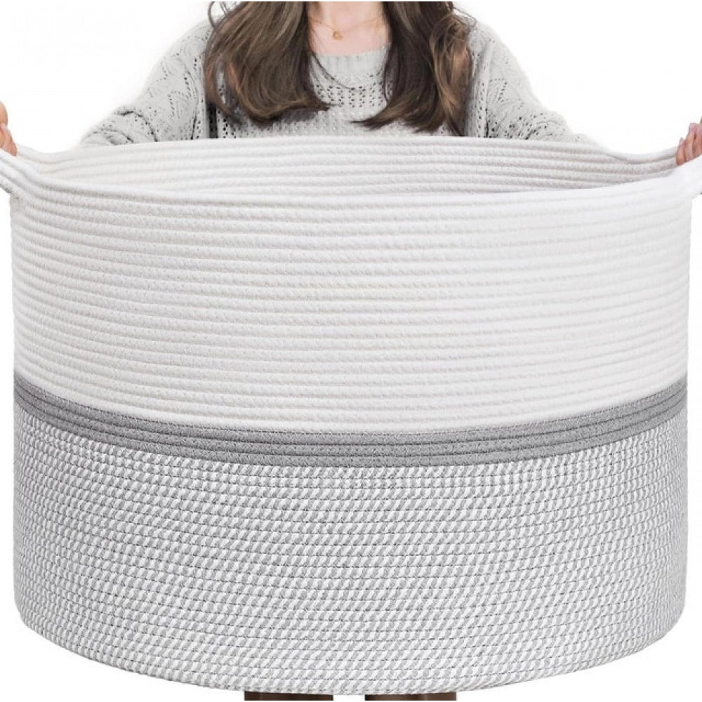 Cotton Dori 16X14 Inch Storage Basket For Clothes — White-Gray-White