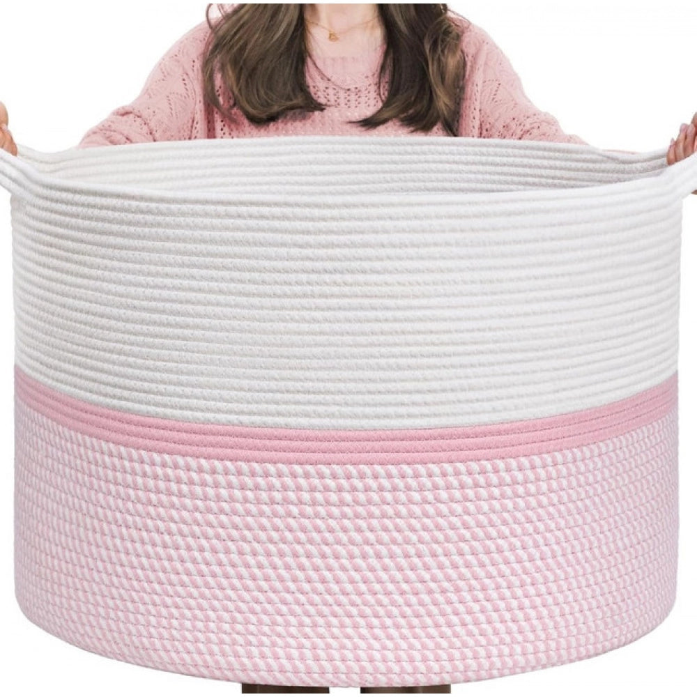 Cotton Dori 16X14 Inch Storage Basket For Clothes — White-Pink-White