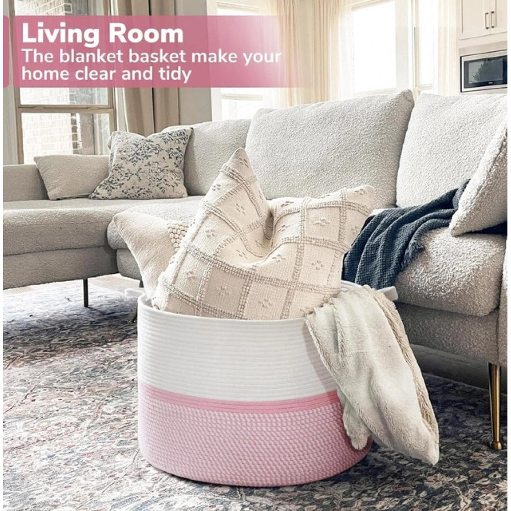 Cotton Dori 16X14 Inch Storage Basket For Clothes — White-Pink-White