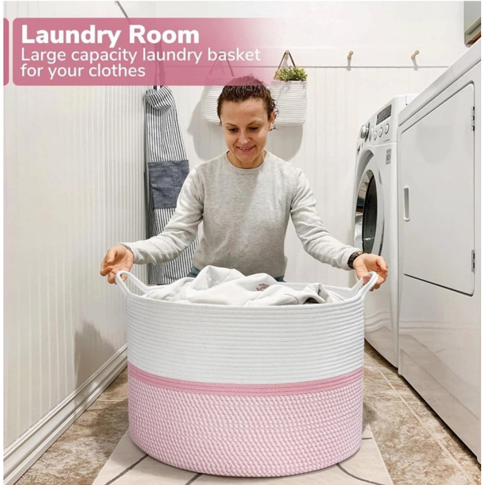 Cotton Dori 16X14 Inch Storage Basket For Clothes — White-Pink-White