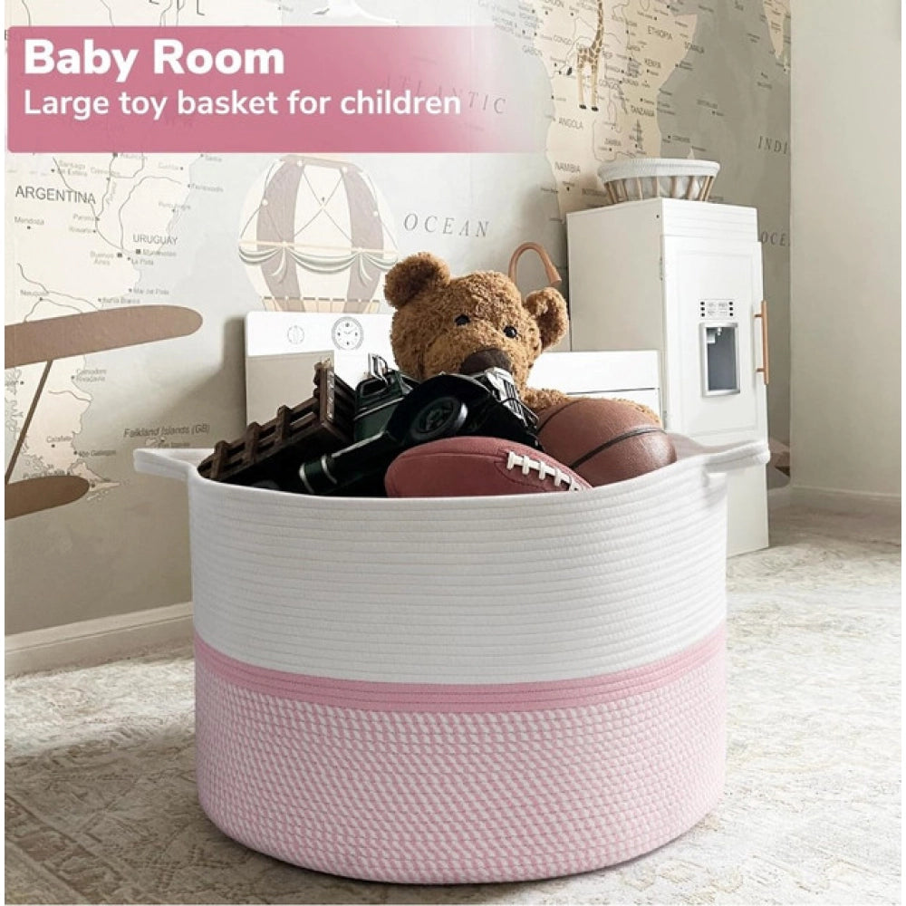 Cotton Dori 16X14 Inch Storage Basket For Clothes — White-Pink-White