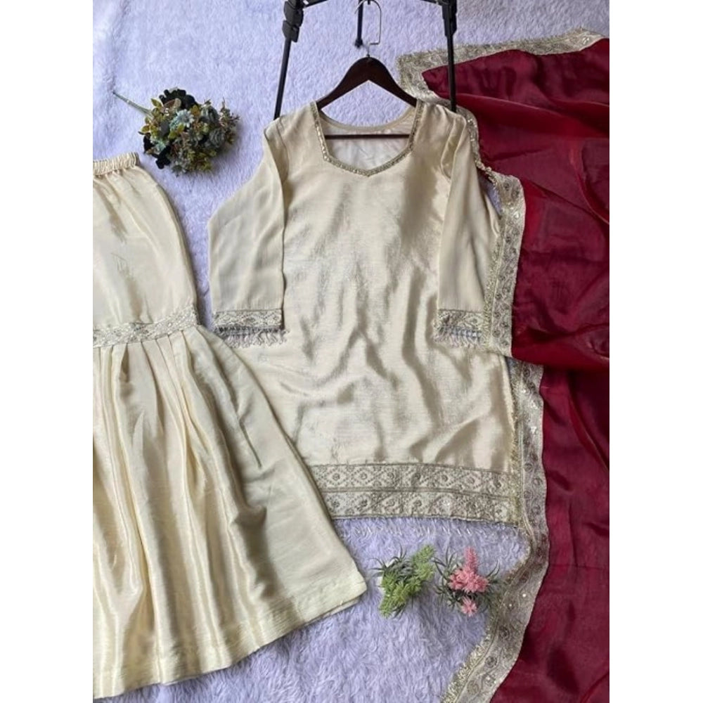 Women's Silk Embroidered 3/4th Sleeve V-Neck Kurti — Cream & Brown