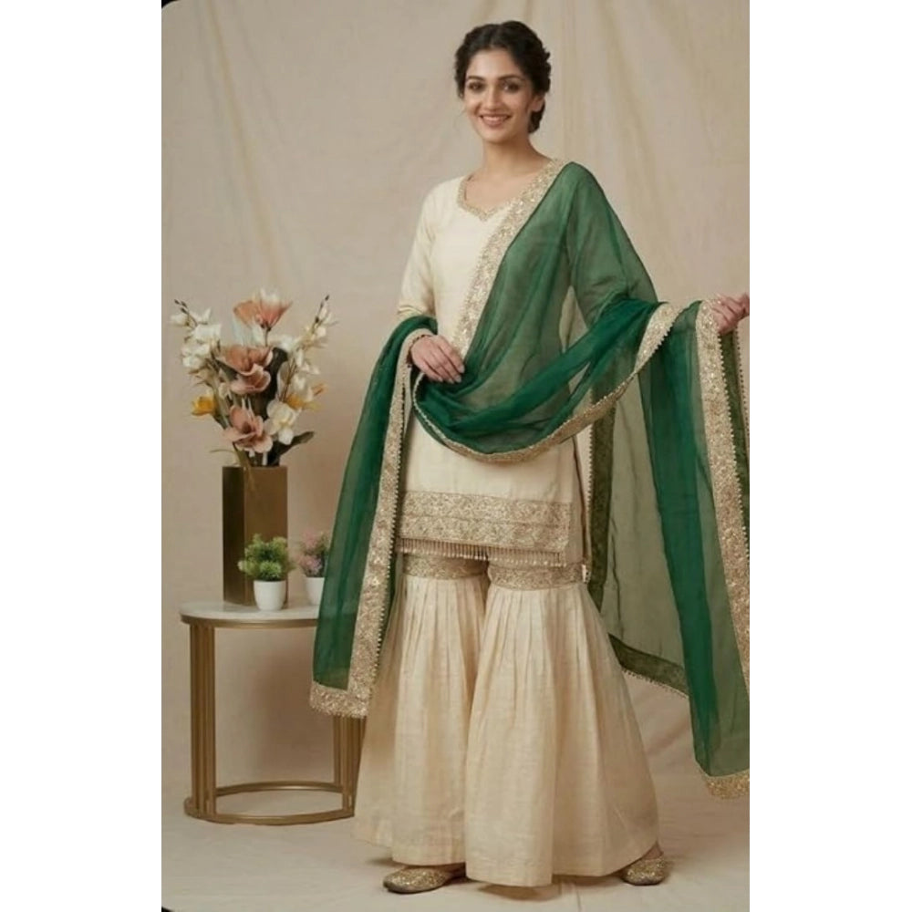 Women's Silk Embroidered 3/4th Sleeve V-Neck Kurti