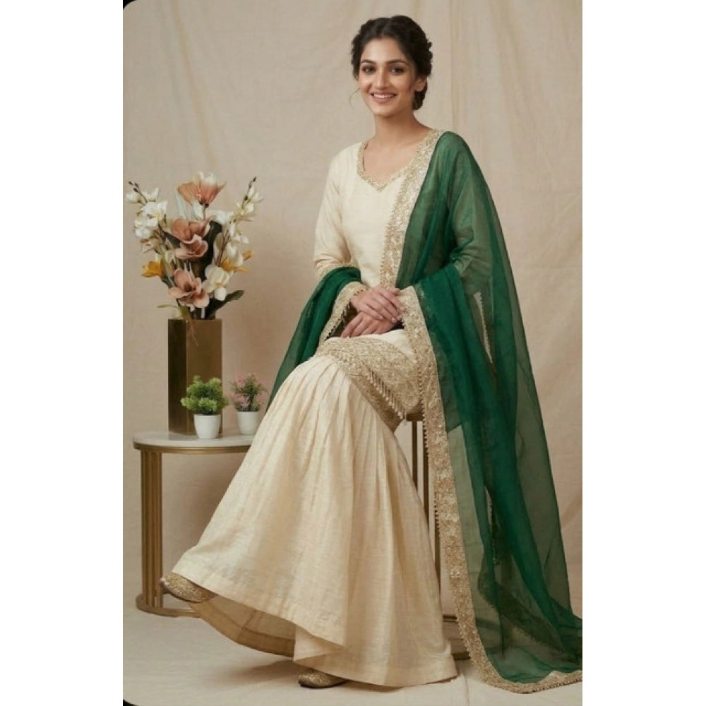 Women's Silk Embroidered 3/4th Sleeve V-Neck Kurti