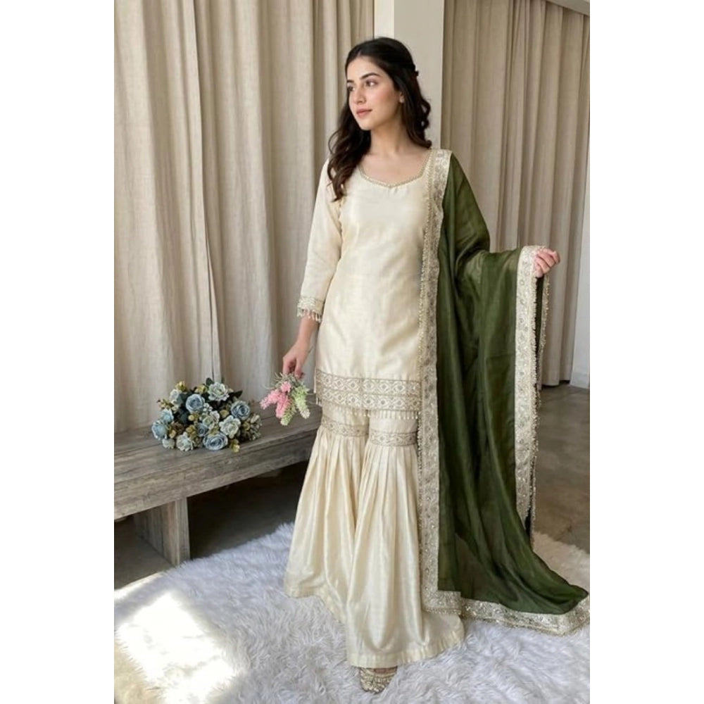 Women's Silk Embroidered 3/4th Sleeve V-Neck Kurti — Cream & Green