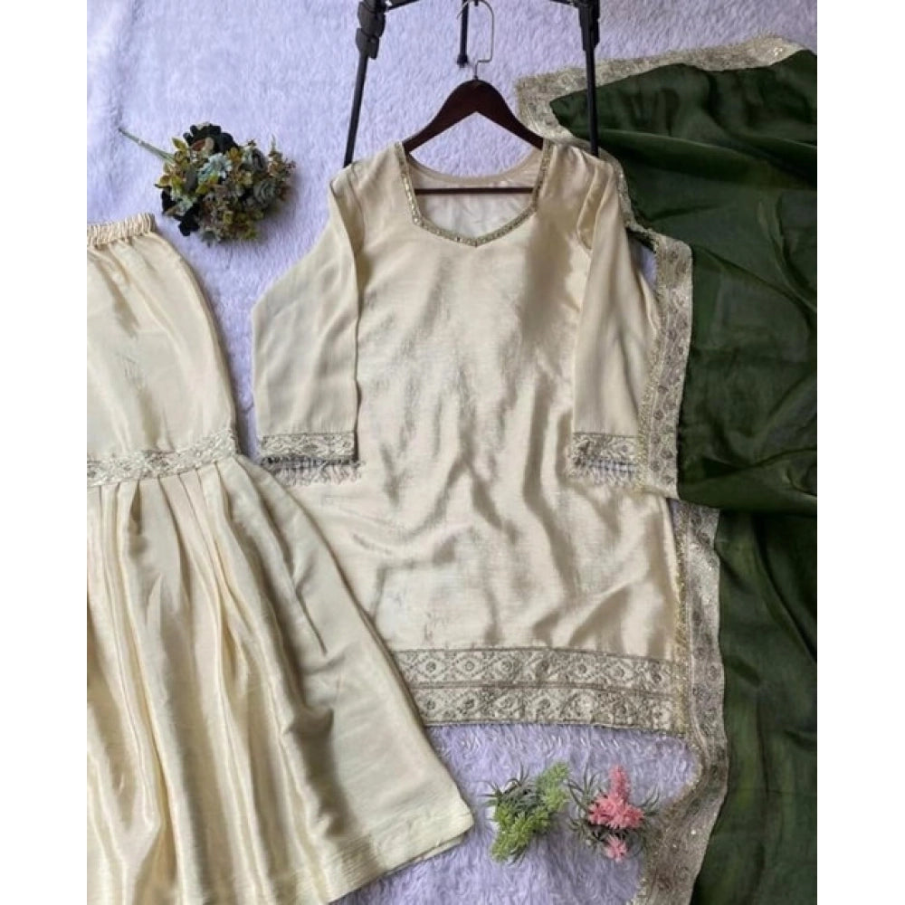Women's Silk Embroidered 3/4th Sleeve V-Neck Kurti — Cream & Green