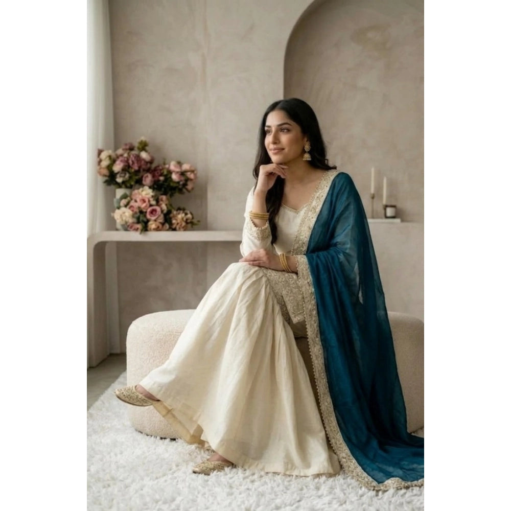 Women's Silk Embroidered 3/4th Sleeve V-Neck Kurti — Cream & Teal