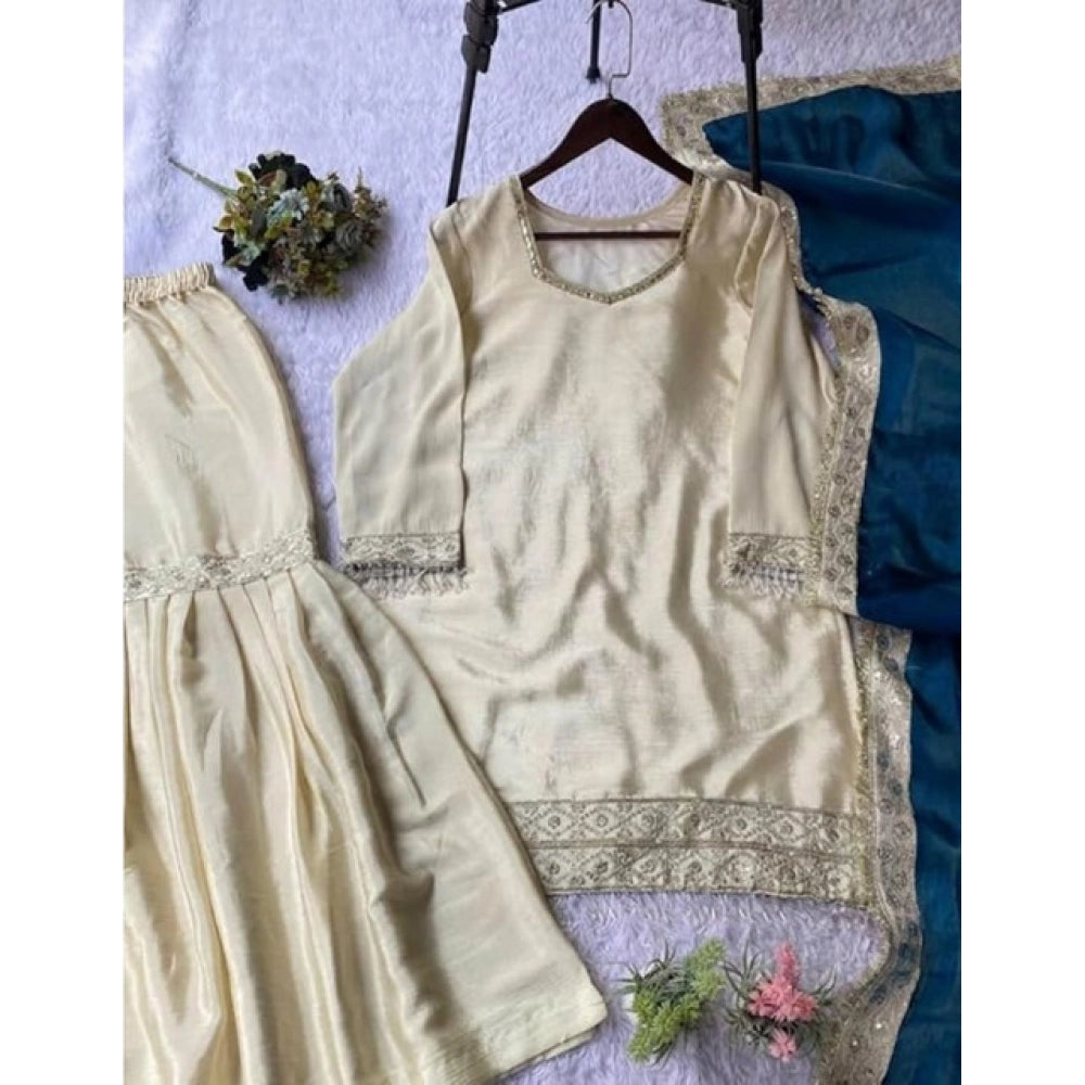 Women's Silk Embroidered 3/4th Sleeve V-Neck Kurti — Cream & Teal