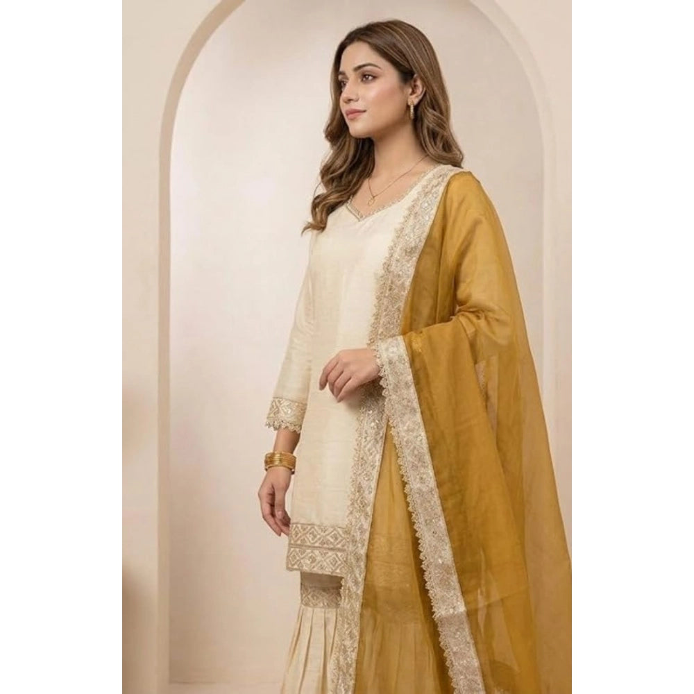 Women's Silk Embroidered 3/4th Sleeve V-Neck Kurti — Cream & Yellow
