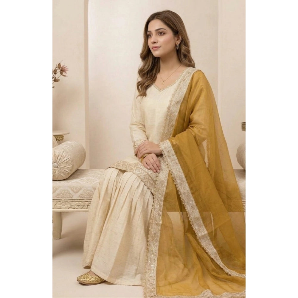 Women's Silk Embroidered 3/4th Sleeve V-Neck Kurti — Cream & Yellow