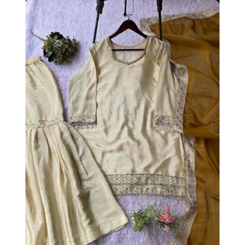 Women's Silk Embroidered 3/4th Sleeve V-Neck Kurti — Cream & Yellow