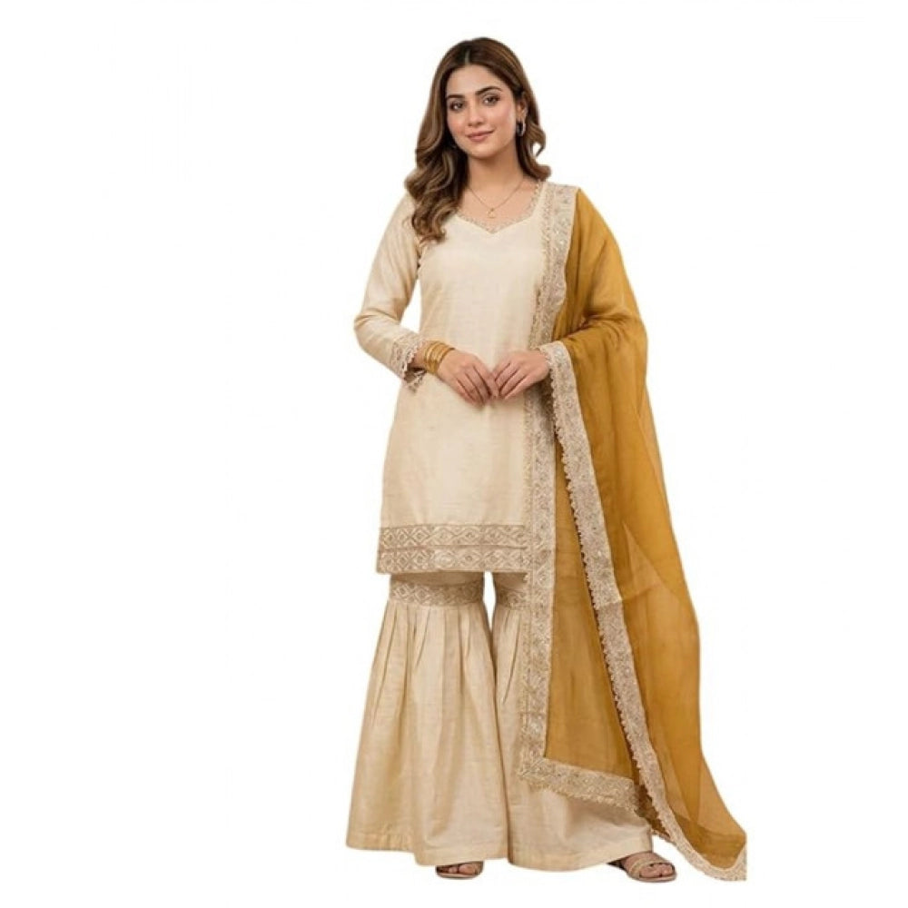 Women's Silk Embroidered 3/4th Sleeve V-Neck Kurti — Cream & Yellow
