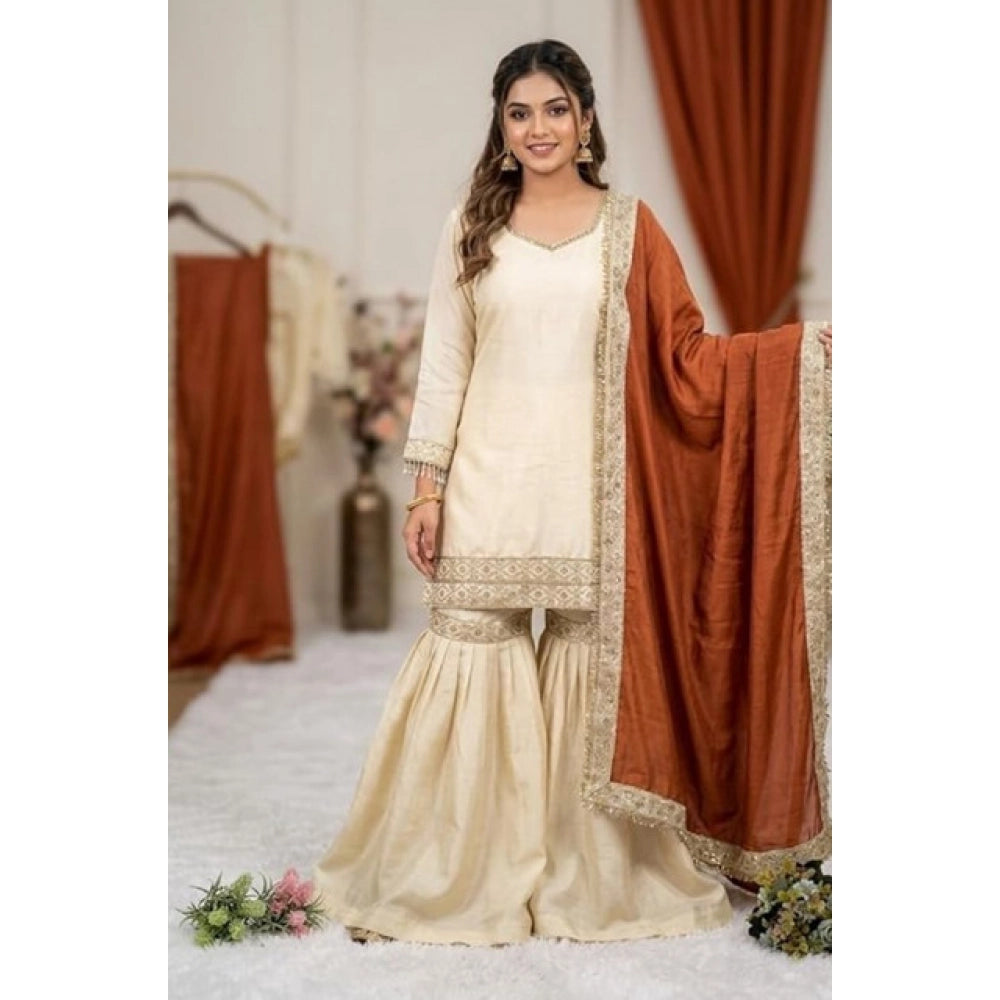 Women's Silk Embroidered 3/4th Sleeve V-Neck Kurti — Cream & Orange