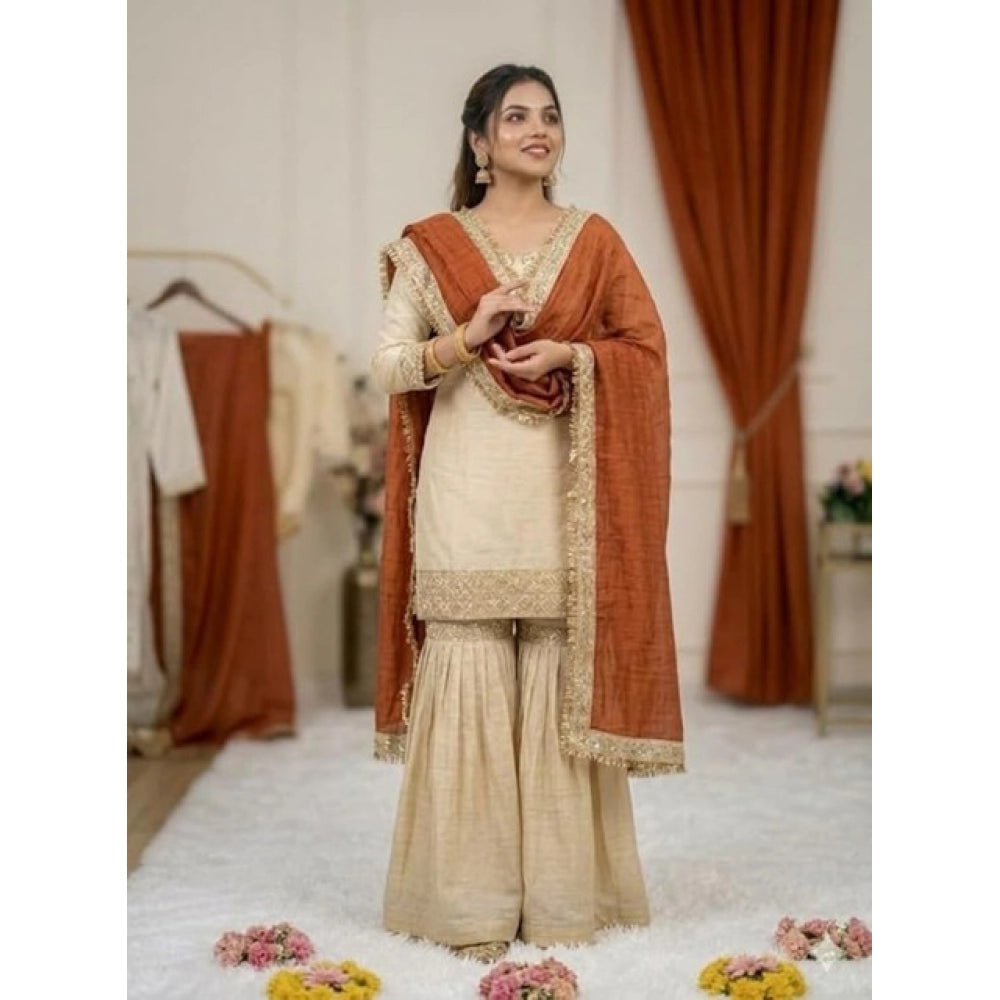 Women's Silk Embroidered 3/4th Sleeve V-Neck Kurti — Cream & Orange