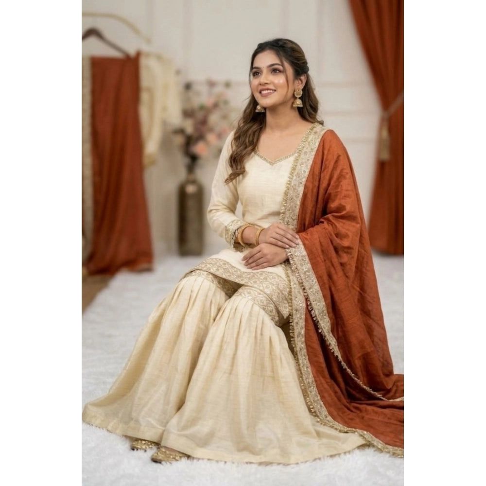 Women's Silk Embroidered 3/4th Sleeve V-Neck Kurti — Cream & Orange