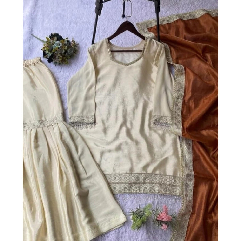 Women's Silk Embroidered 3/4th Sleeve V-Neck Kurti — Cream & Orange