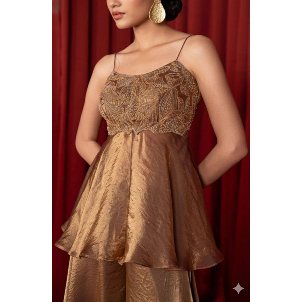Women's Silk Embroidered Sleeveless Round Kurti — Brown