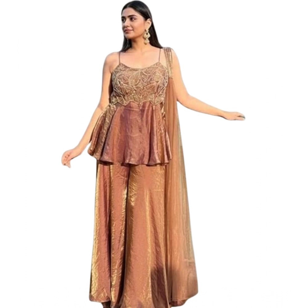 Women's Silk Embroidered Sleeveless Round Kurti — Brown