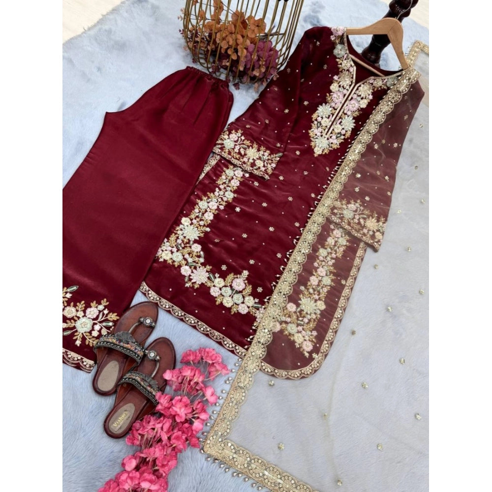 Women's Silk Embroidered 3/4th Sleeve Round Kurti — Maroon