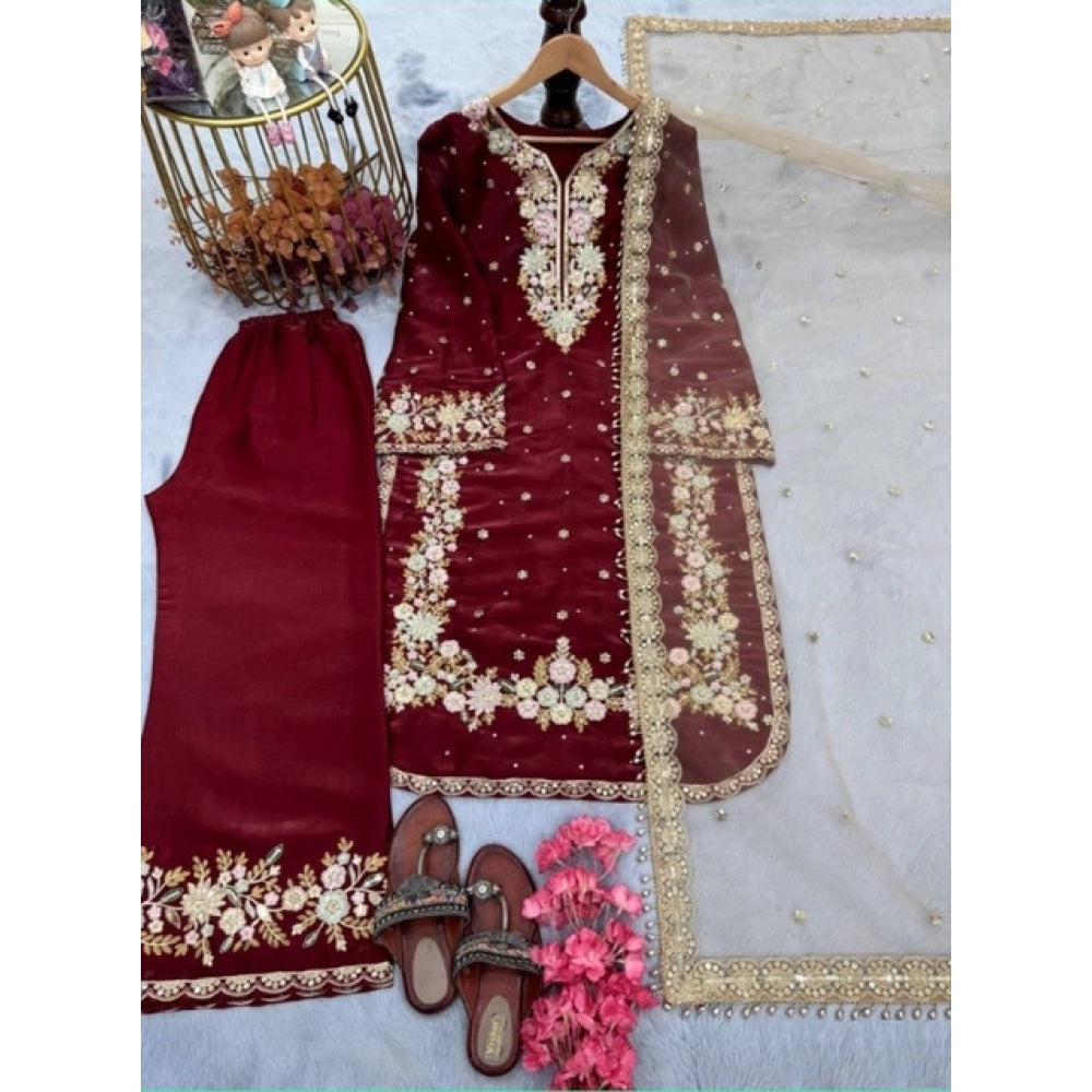 Women's Silk Embroidered 3/4th Sleeve Round Kurti — Maroon