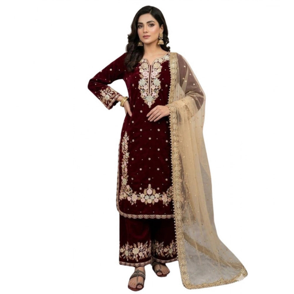 Women's Silk Embroidered 3/4th Sleeve Round Kurti — Maroon