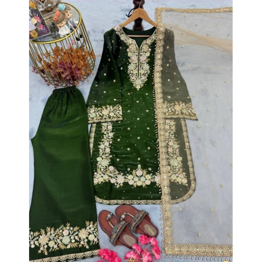 Women's Silk Embroidered 3/4th Sleeve Round Kurti — Dark Green