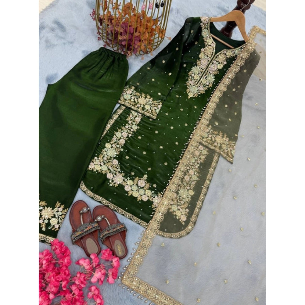 Women's Silk Embroidered 3/4th Sleeve Round Kurti — Dark Green