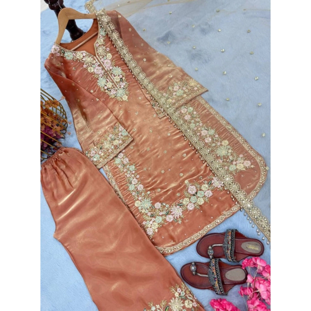 Women's Silk Embroidered 3/4th Sleeve Round Kurti — Orange