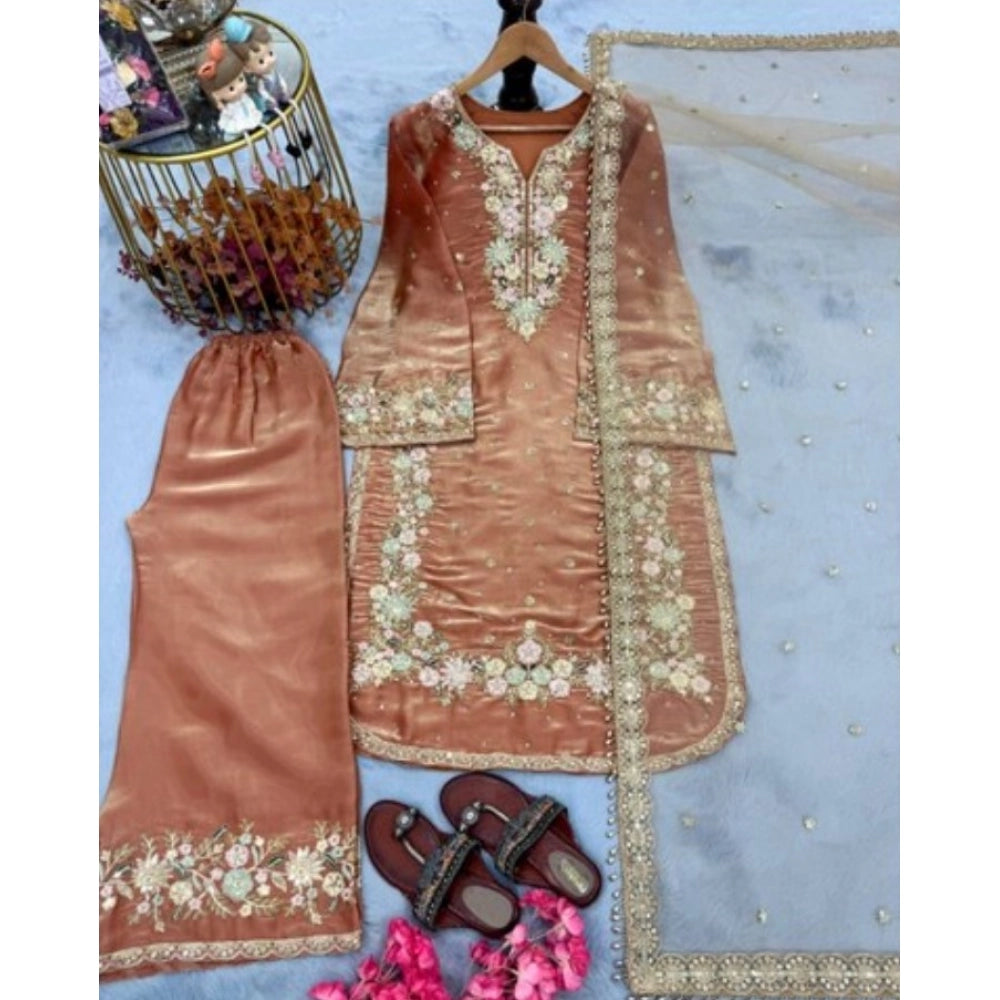 Women's Silk Embroidered 3/4th Sleeve Round Kurti — Orange